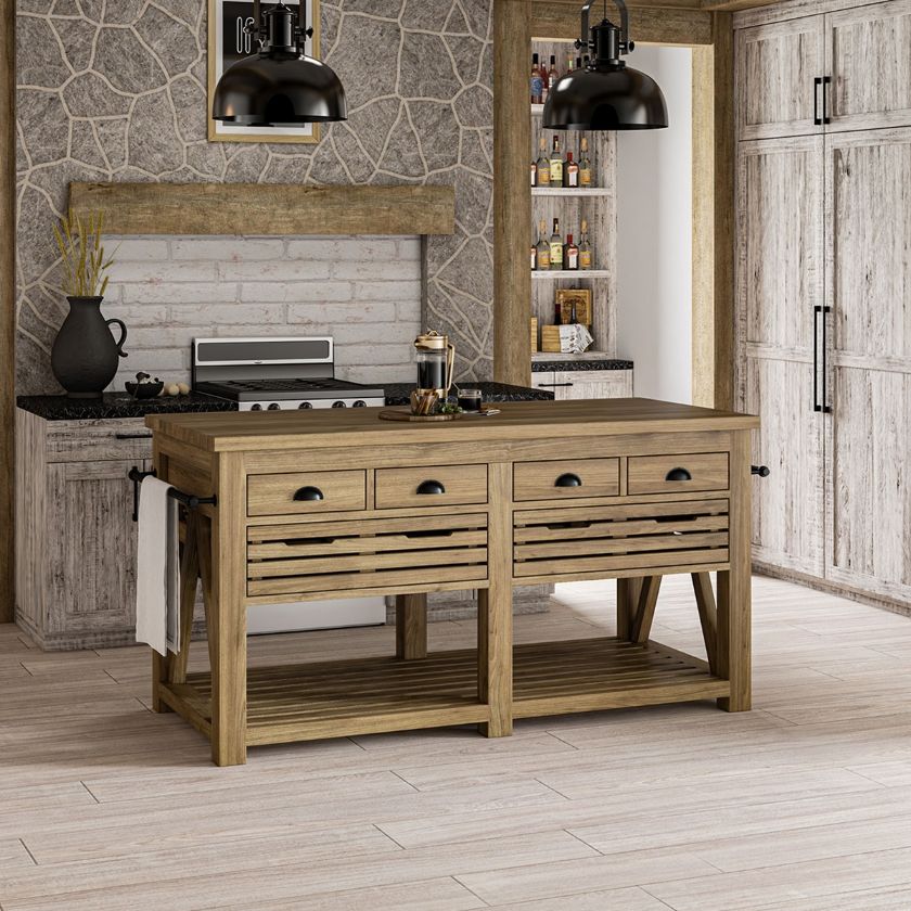 Picture of Calderdale Rustic Teak Wood Kitchen Island With Drawers