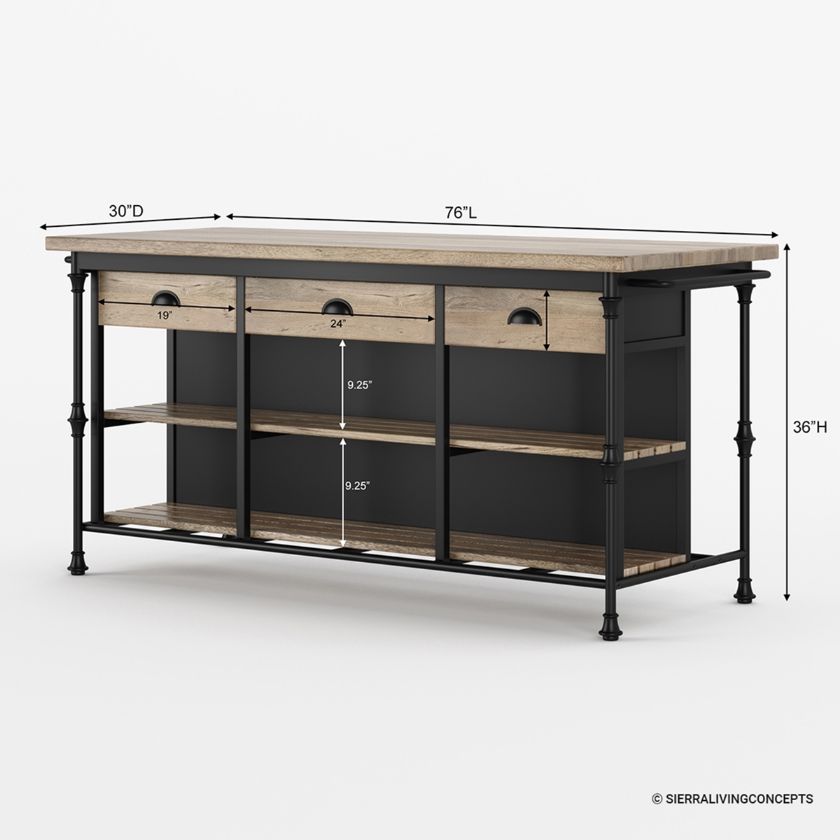 Meredith Solid Wood Industrial Kitchen Island with Storage Size Image