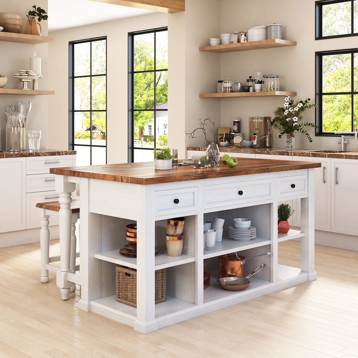 Rhinebeck Rustic Farmhouse Kitchen Island with Seating and Storage.