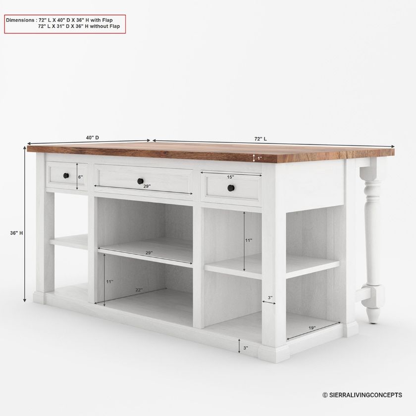 Rhinebeck Rustic Solid Wood Two Tone White Kitchen Island with Drop Leaf Dimension Image