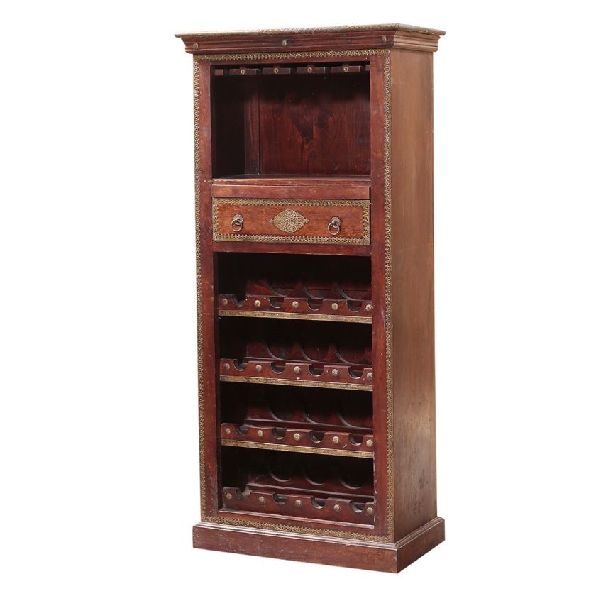 Picture of Rustic Solid Wood Hand Carved Tall Wine Bar Cabinet