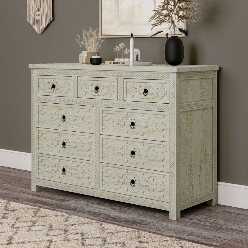 Picture of Burford Mahogany Wood 9 Drawer Distressed White Dresser