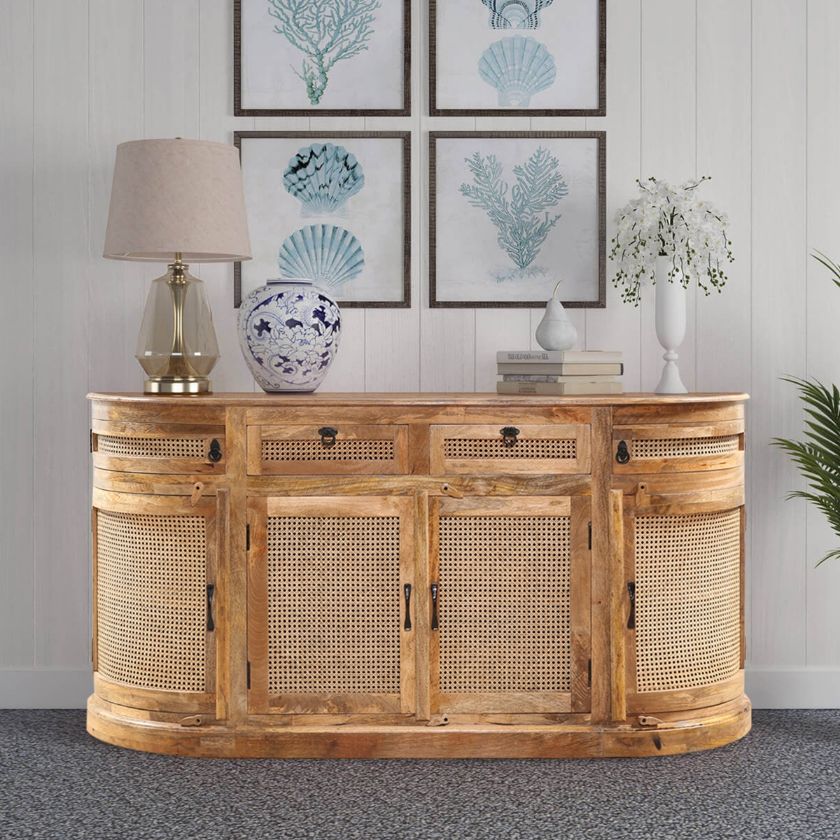 Picture of Chino Rustic Solid Wood 4 Drawer Large Rattan Credenza