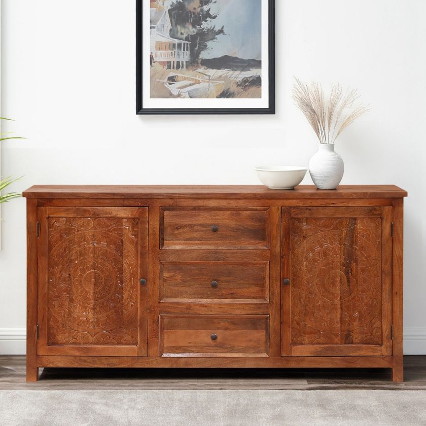 Picture of Colton Hand Carved Rustic Solid Wood Mandala Long Sideboard Cabinet
