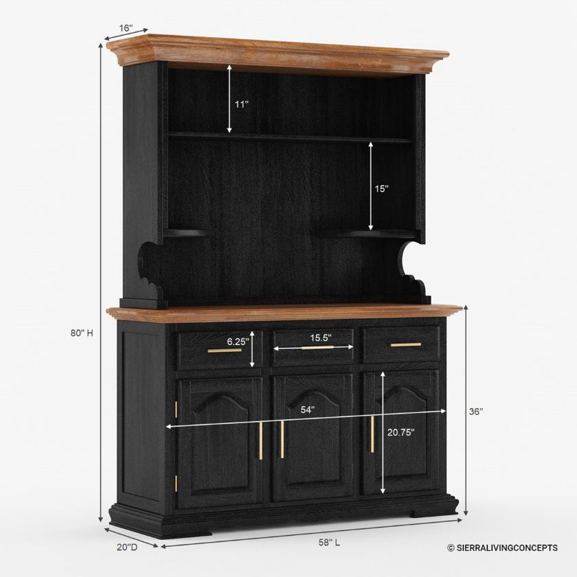 Loomis Tall Two Tone Rustic  Kitchen Hutch With Cornice Top Dimension Image