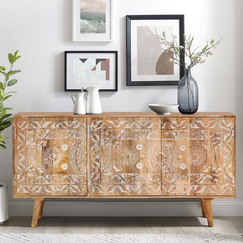 Picture of Norwalk Traditional Rustic Hand Carved 3 Door Buffet Sideboard