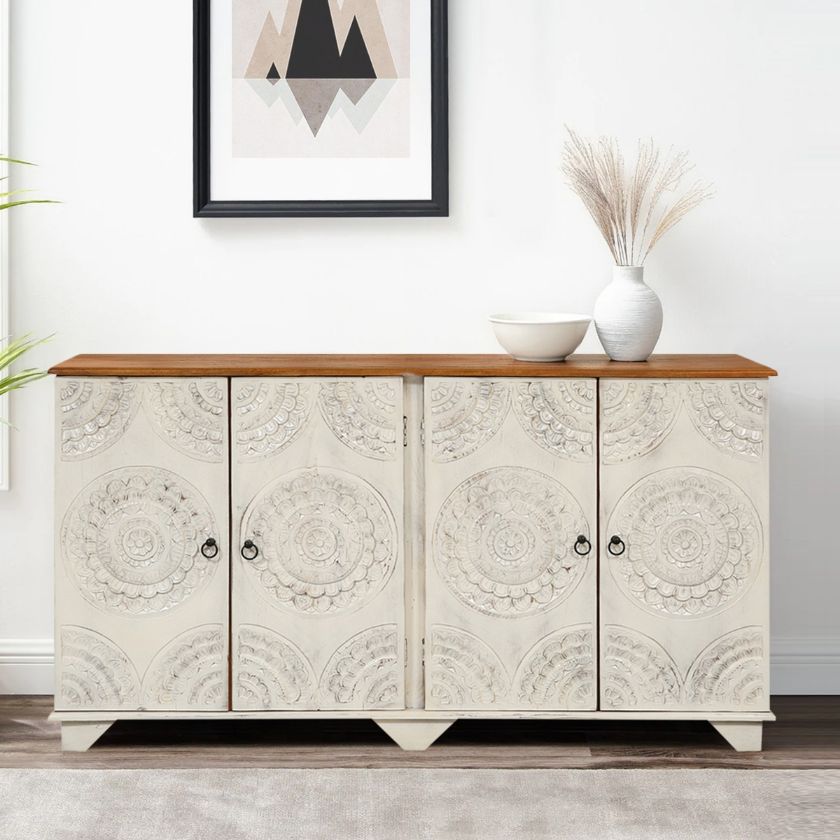Picture of Moraga Modern Hand Carved Ornate White 4 Doors Buffet Sideboard