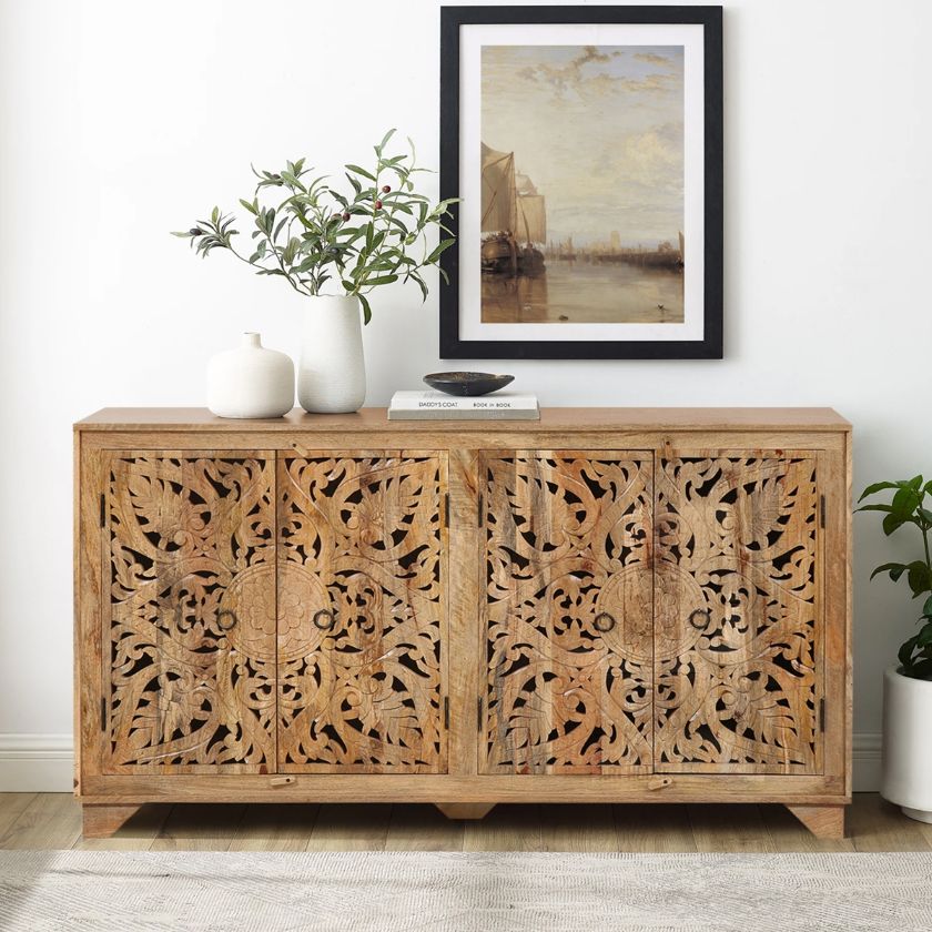 Picture of Needles Modern Rustic Solid Wood Fretwork Large Buffet Cabinet