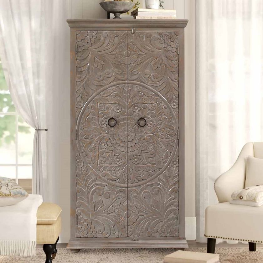 Picture of Santee Traditional Grey Hand Carved 2 Door Tall Armoire
