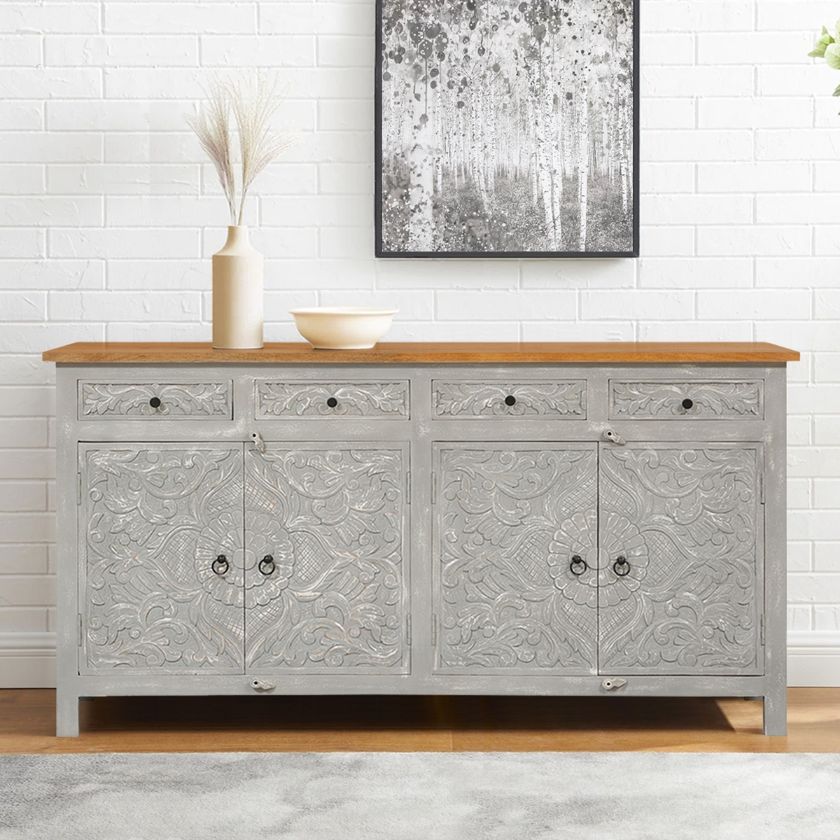 Picture of Pleasanton Solid Wood Hand Carved 4 Drawer Long Sideboard Cabinet