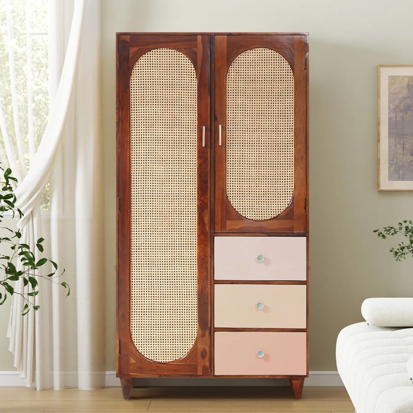 Picture of Lompoc Modern Rattan Door Tall Armoire with 3 Drawers