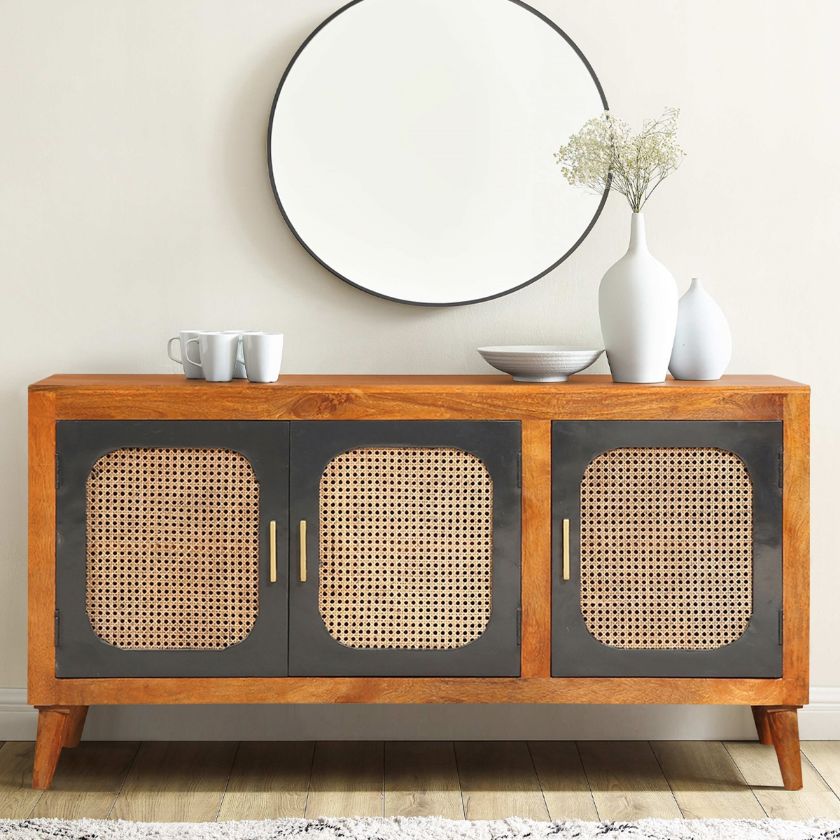 Picture of Willows Modern Rustic Solid Wood 2 Tone Rattan Door Buffet Sideboard
