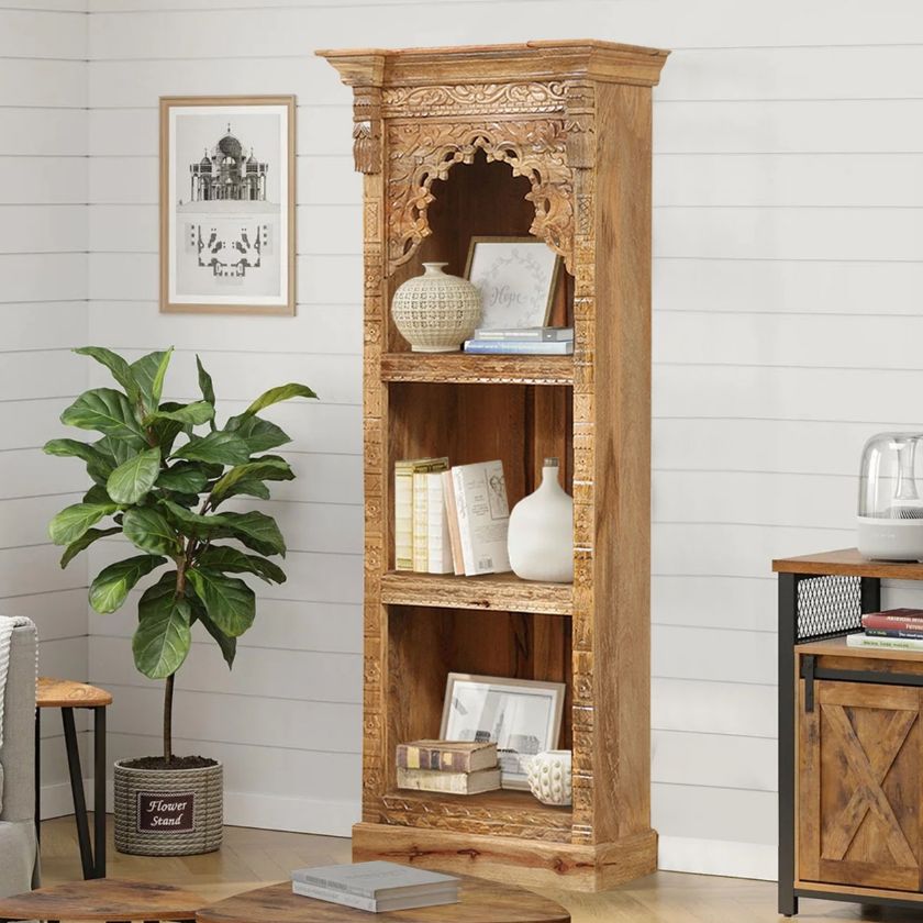 Picture of Traditional Style Rustic 3 tier Hand Carved Arch Bookcase