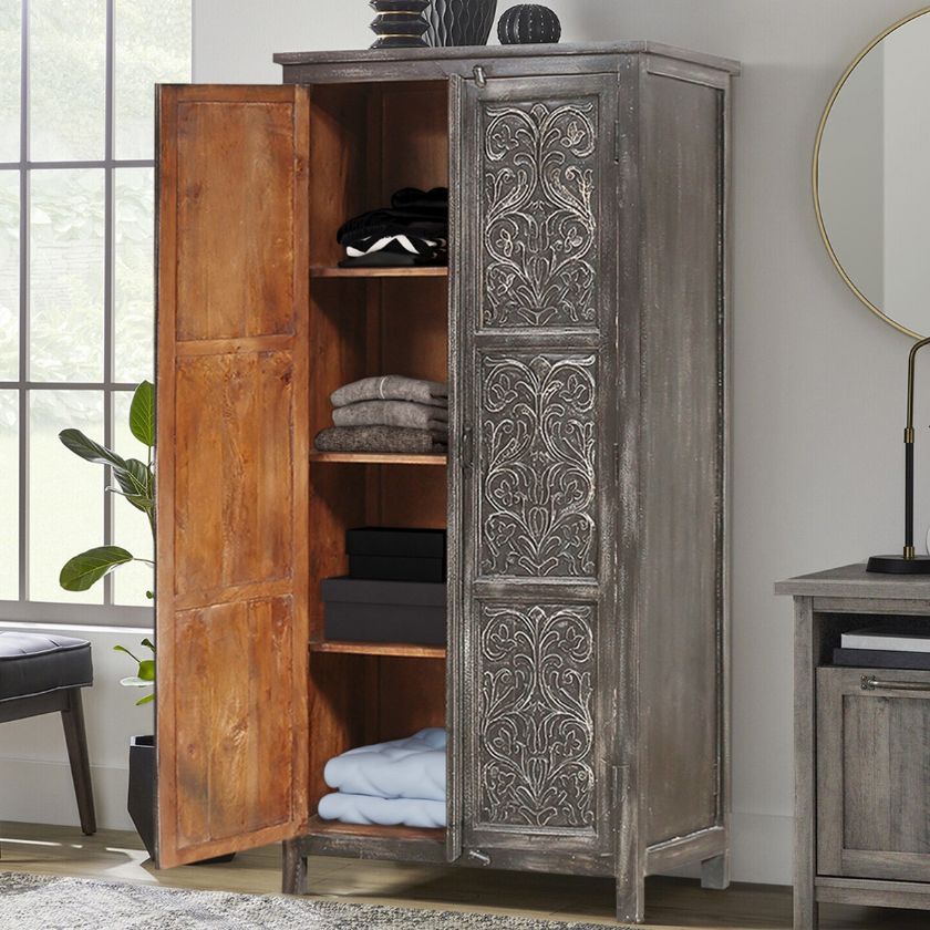 Picture of Buena Park Ornate Black Distressed Solid Wood Clothing Armoire Cabinet