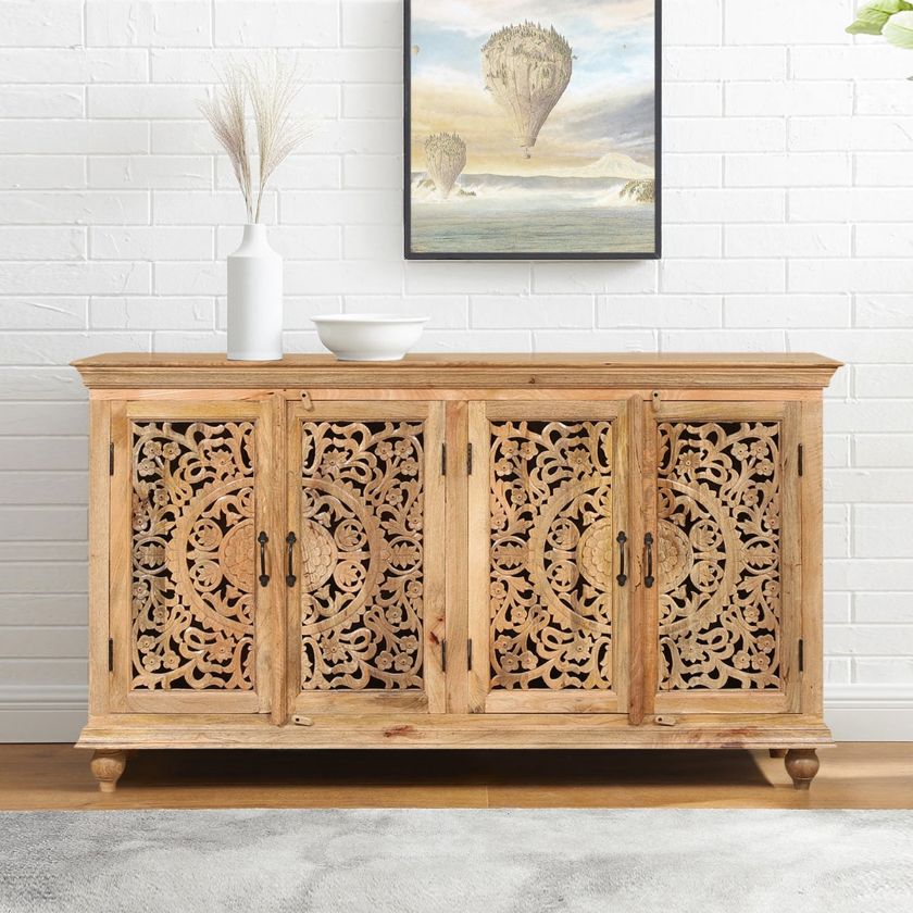 Picture of Whittier Rustic Solid Wood Mandala Pattern Door Large Buffet Cabinet