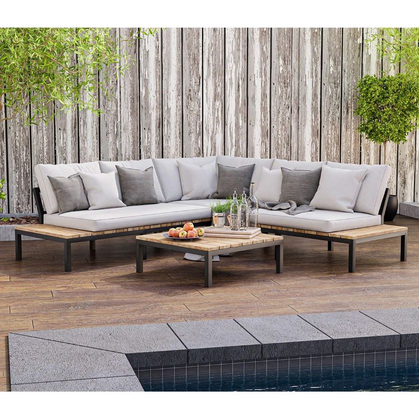 Picture of Florence Outdoor Teak Wood 4 Piece Sectional Sofa Set w Coffee Table