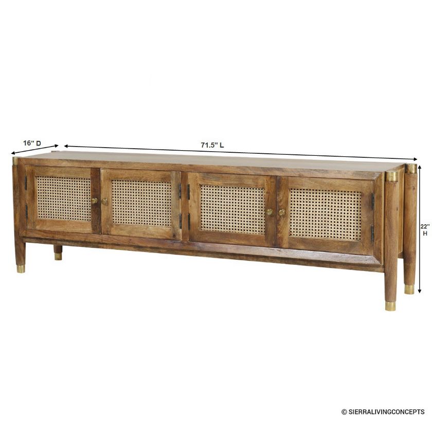 Foxton Rustic Solid Wood Media Console Rattan Cabinet Dimension Image