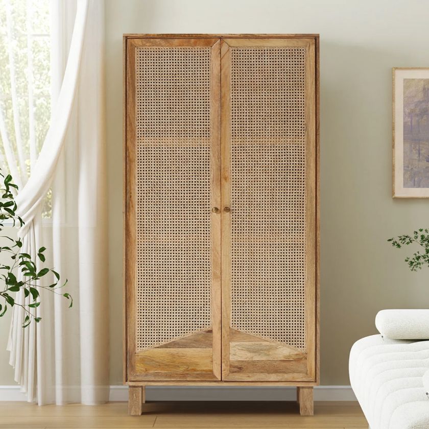 Picture of Porirua Solid Wood 4 Tier Armoire with Rattan Doors