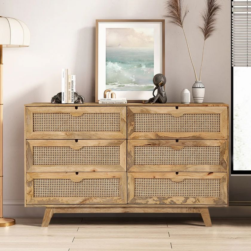 Picture of Parkway Rustic Modern Solid Wood 6 Rattan Drawer Dresser
