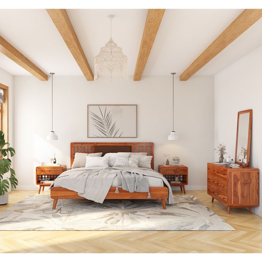 Picture of Bergenfield Mid-century Teak Wood 4 Piece Bedroom Set