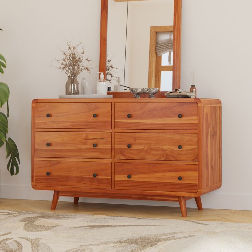 Picture of Bergenfield Teak Wood Mid-century Modern 6 Drawer Dresser