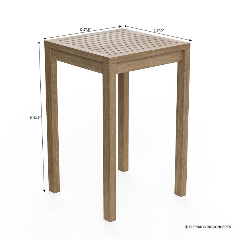 Busselton Rustic Teak Wood Bar Height Outdoor Bistro Table Dimension Image