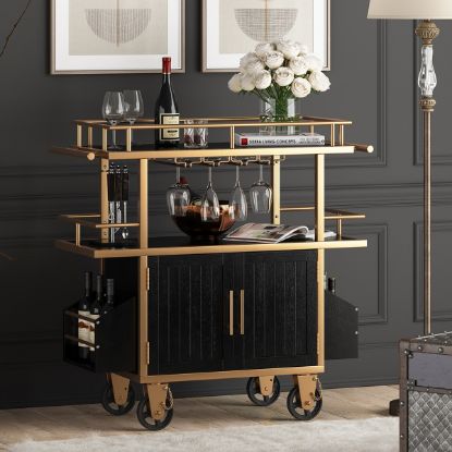 Picture of Volta French Industrial Solid Wood Bar Cart with Storage Cabinet