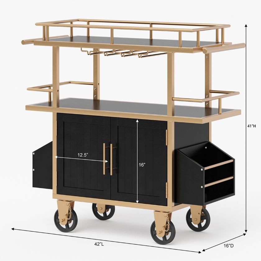 Volta French Industrial Solid Wood Bar Cart with Storage Cabinet Dimension Image