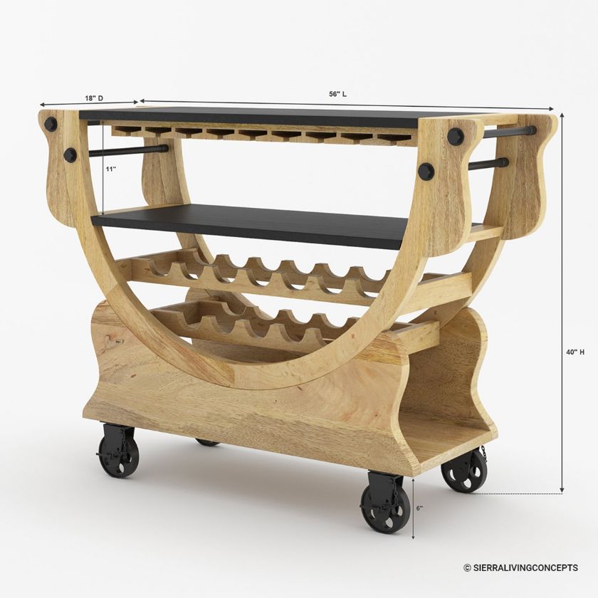 Macdoel Industrial Farmhouse Solid Wood Bar Cart  Dimension Image