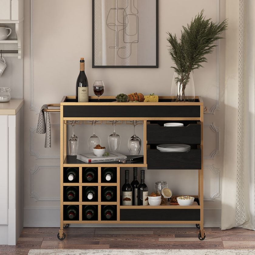 Picture of Martella Modern Solid Wood Gold Metal Bar Cart