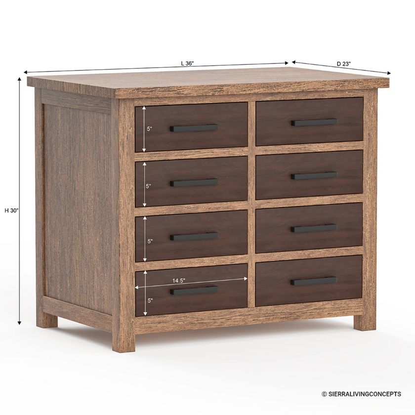 Borgloon Teak Wood Farmhouse 8 Drawer Home Office Credenza Dimension Image