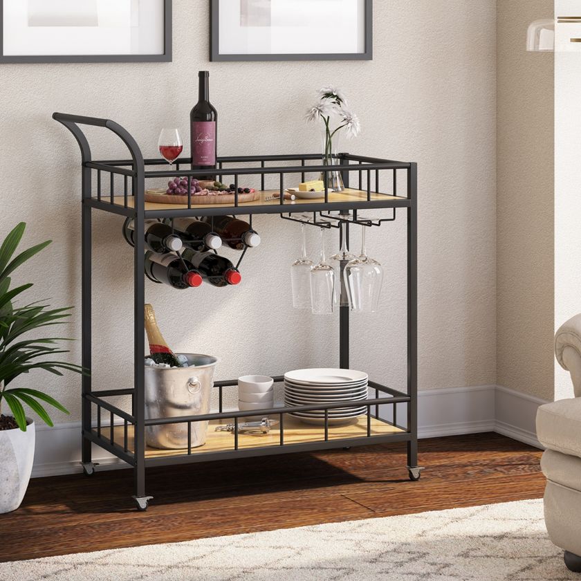 Picture of Castella Industrial Black Metal Trolley Bar Cart With Wine Rack