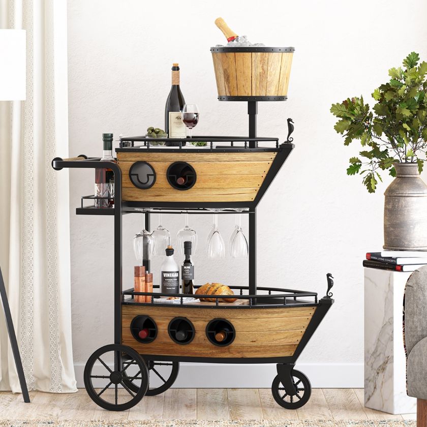 Picture of Nautical Industrial Bar Cart With Wine Rack & Ice Bucket