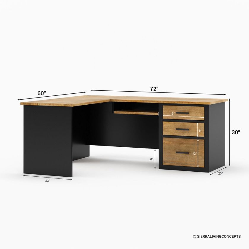 Kristiansand Solid Wood L-Shaped Home Office Desk With File Cabinets Dimension Image