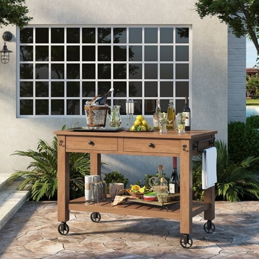 Renfrew Teak Portable Outdoor Bar Cart with Hutch Size Image