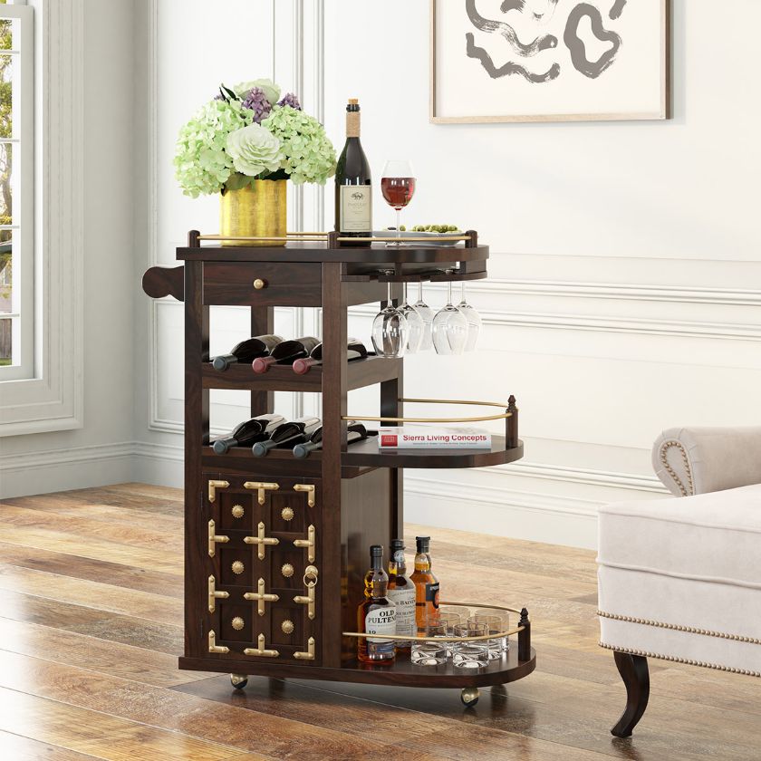 Picture of Corinth Solid Wood Antique Wine Bar Cart With Storage Cabinet