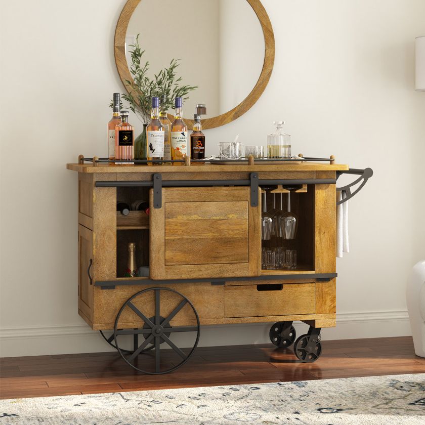 Picture of Bieber Large Industrial Farmhouse Bar Cart with Barn Door