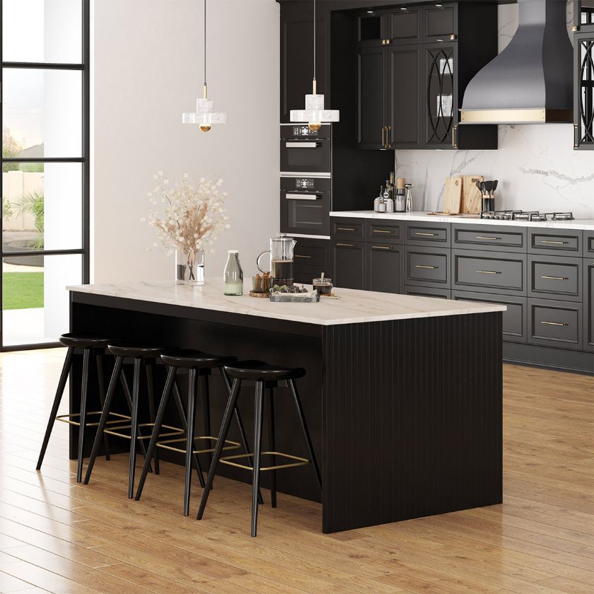 Picture of Hilversum Modern Solid Wood Marble Top Kitchen Island With 4 Stools