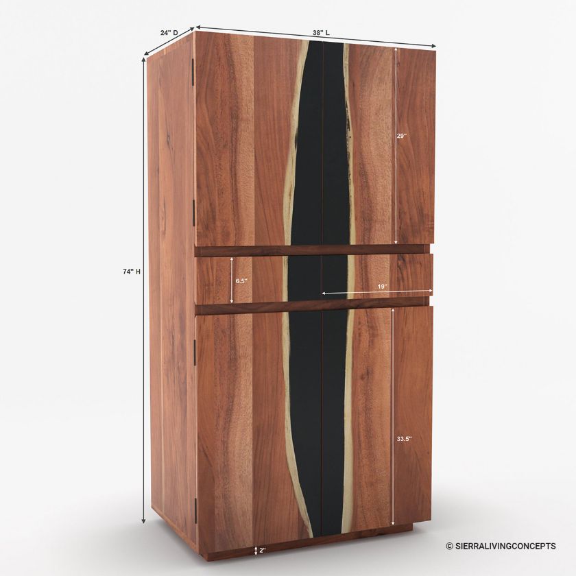 Bielefeld Rustic Natural Wood Tall Armoire Bar Cabinet Dimension Image