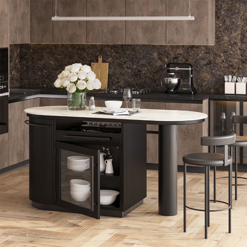 Picture of Cayman Solid Wood Modern Black Kitchen Island with White Marble Top