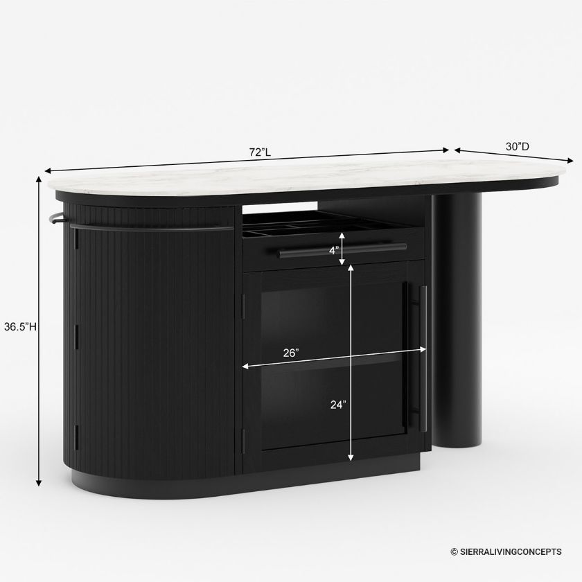 Cayman Solid Wood Modern Black Kitchen Island with Marble Top Dimension Image