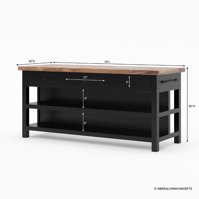 Frigiliana Rustic Modern Black Kitchen Island with Open Shelves Size Image