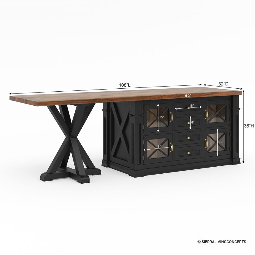 Helsinki Rustic Solid Wood 2 Tone Large Kitchen Island with storage Dimension Image