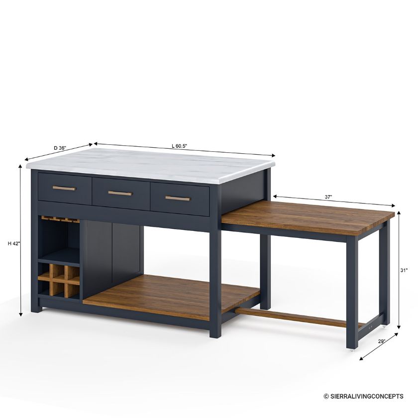 Seldovia Solid Wood Modern Extendable Kitchen Island with Marble Top Dimension Image