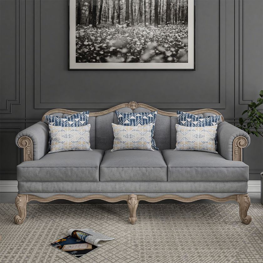 Picture of Sorocaba Rustic Teak Wood Traditional 3-Seater Tufted Gray Sofa		