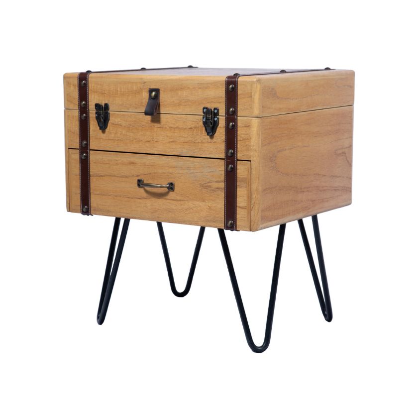 Picture of Benicia Modern Industrial Rustic Solid Wood Small Suitcase Nightstand