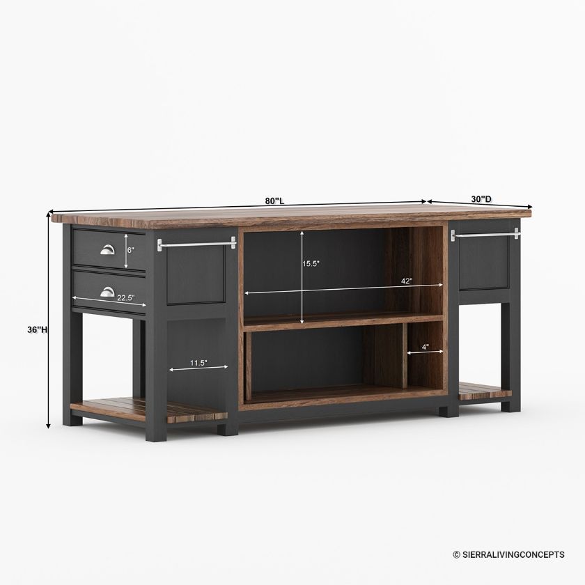 Telluride Solid Wood Two Tone Large Kitchen Island with Shelves Dimension Image