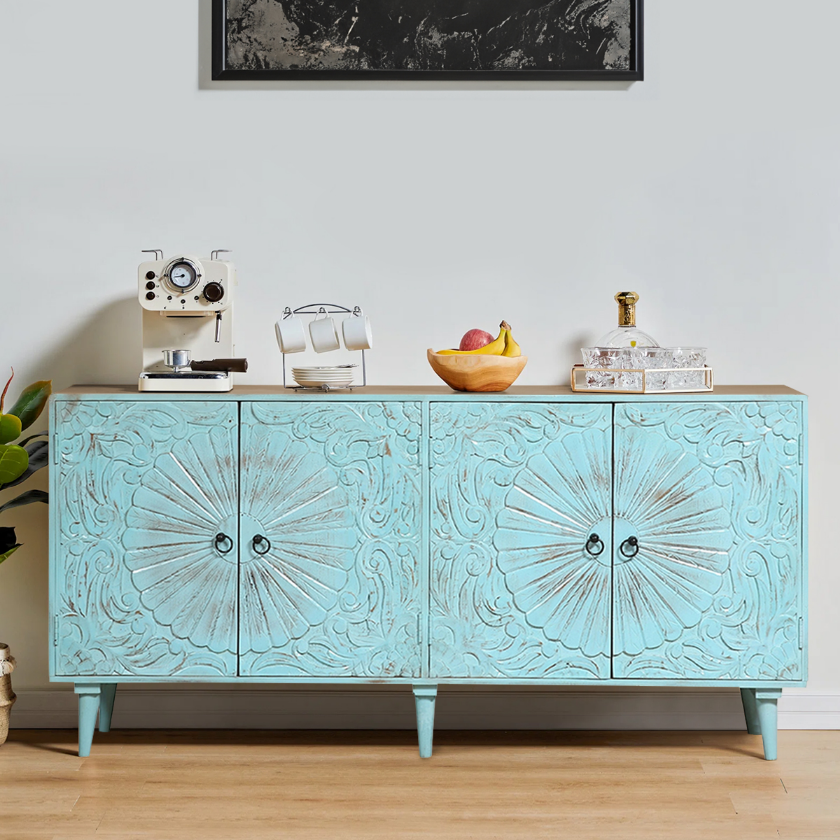 Picture of Manteca Floral Hand Carved Turquoise 4 Door Long Buffet Sideboard