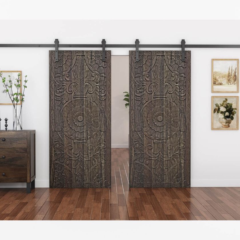 Picture of Petionville Solid Wood Interior Hand Carved Double Barn Door