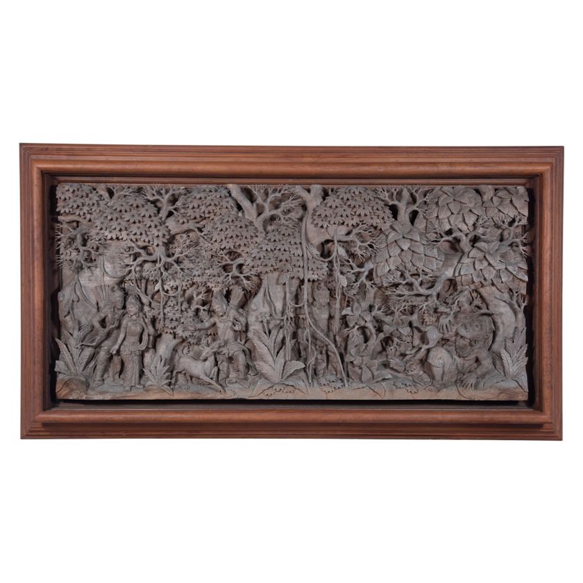 Picture of Keyes Relief Teak Wood Ramayana Tale Carving Wall Sculpture Art